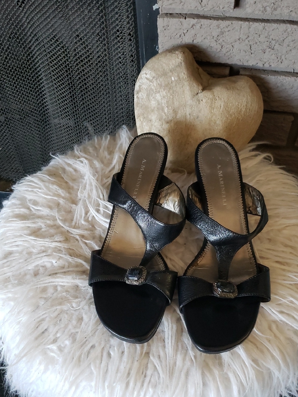 A. Marinelli Black Strappy Slide Heels with Buckle Accent